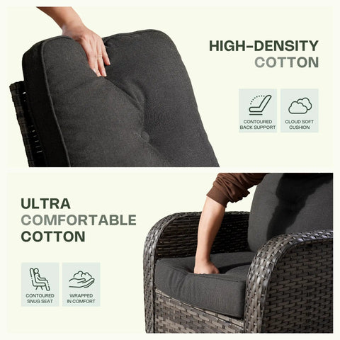 High-density cotton cushions on wicker chairs, 5 Piece All Weather Patio Set With Wicker Chairs And Coffee Table High Back Swivel Rockers.