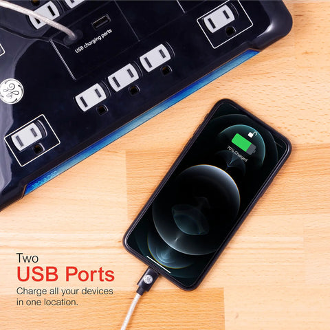 UltraPro 10 Outlet Surge Protector With USB Charging And Two USB Ports 2880 Joules 4 Foot Cord Black in use charging phone