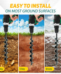 14 Inch Full Spiral Blade Mobile Home Ground Anchor Kit 4 Pack With Screw In Design L Shaped Brackets U Bolts And Power Nut Driver High Wind Heavy Duty Earth Anchors For Camping Tents And Swing Sets demonstrating installation in various ground surfaces