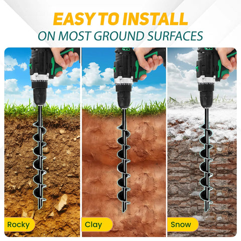 14 Inch Full Spiral Blade Mobile Home Ground Anchor Kit 4 Pack With Screw In Design L Shaped Brackets U Bolts And Power Nut Driver High Wind Heavy Duty Earth Anchors For Camping Tents And Swing Sets demonstrating installation in various ground surfaces