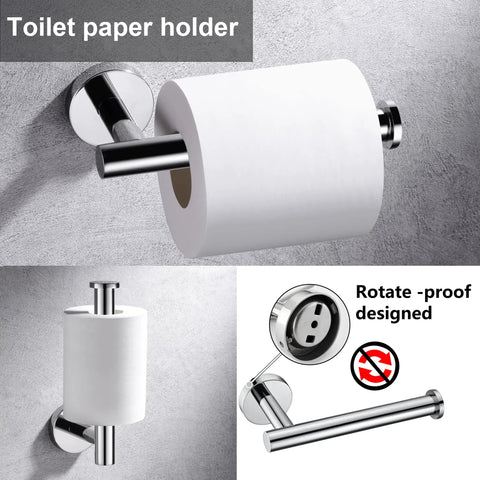 Polished Chrome 5 Piece Bathroom Hardware Set With Toilet Paper Holder in SUS304 stainless steel, mounted on wall.