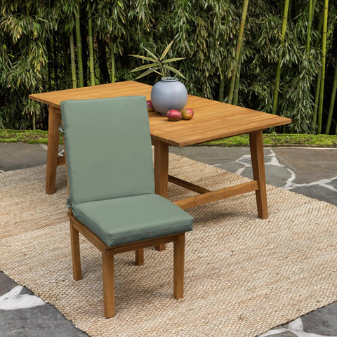 EarthFiber 4 Pack Outdoor Patio Dining Chair Cushions 20x44 Rain Proof Seat Pads on wooden chair, sage green, outdoor setting