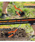 Person using 72 Inch Rotary Cultivator Tool Hand Tiller For Gardening 2 In 1 Garden Cultivator with adjustable handle for soil preparation.