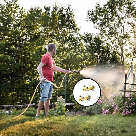 Man using hose with Brass Garden Hose Connector Repair Kit With Stainless Clamp, watering garden.