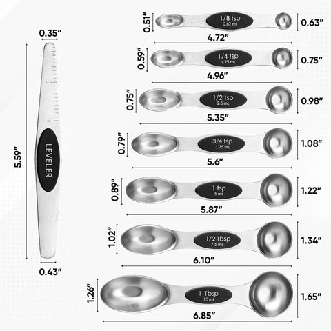 Magnetic Stainless Steel Measuring Spoons Set 8 Pieces With Leveler, showing sizes and metric markings, ideal for baking and cooking.