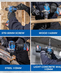 Quad view of 20V Brushless Hammer Drill Kit With 4Ah Battery, One Half Inch Keyless Metal Chuck, drilling wood, steel, concrete