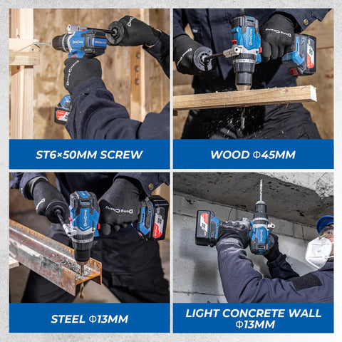 Quad view of 20V Brushless Hammer Drill Kit With 4Ah Battery, One Half Inch Keyless Metal Chuck, drilling wood, steel, concrete