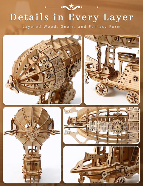3D Wooden Steampunk Airship Puzzle Kit For Adults, Epic 160 Precision Cut Pieces, detailed wooden ship parts view