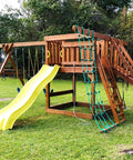 Outdoor Climbing Cargo Net For Kids With No Knot Nylon Rope 139 Inch Long, attached to wooden treehouse playset