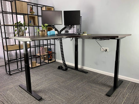 Vwine Vj301 L Shaped Electric Height Adjustable Standing Corner Desk Frame With Triple Motor Steel Base and Digital Memory Keypad in home office.