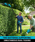 Two people using Six In One Pole Saw And Cordless Hedge Trimmer Kit With Eight And A Half Feet Reach Powerhouse Mini Chainsaw Grass Trimmer