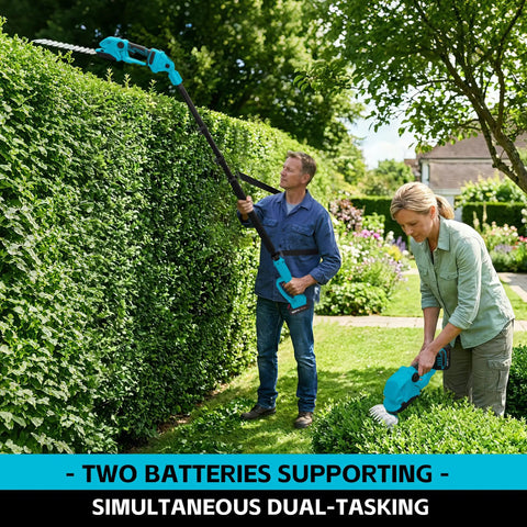 Two people using Six In One Pole Saw And Cordless Hedge Trimmer Kit With Eight And A Half Feet Reach Powerhouse Mini Chainsaw Grass Trimmer