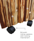 Close-up of handcrafted pine with casters on double sided fishing rod holder that stores up to 16 rods for saltwater and freshwater gear