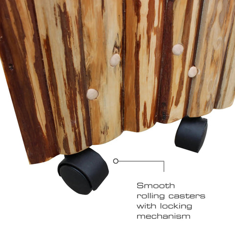 Close-up of handcrafted pine with casters on double sided fishing rod holder that stores up to 16 rods for saltwater and freshwater gear
