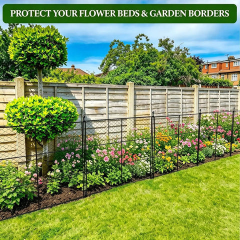 Six Panels Black Chicken Wire Garden Fence Set installed in a garden, protecting flower beds using modular panel and stake system.