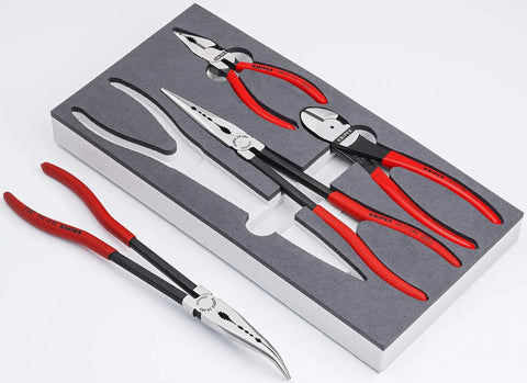 4 Piece Automotive Pliers Set In Foam Tray Storage With Combo Pliers, Diagonal Cutters, Long Reach Pliers Straight Nose And Bent Nose