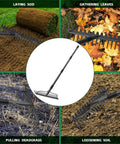 63 Inch Bow Rake With 17 Steel Tines And Stainless Handle shown loosening soil, gathering leaves, laying sod, and pulling deadgrass.
