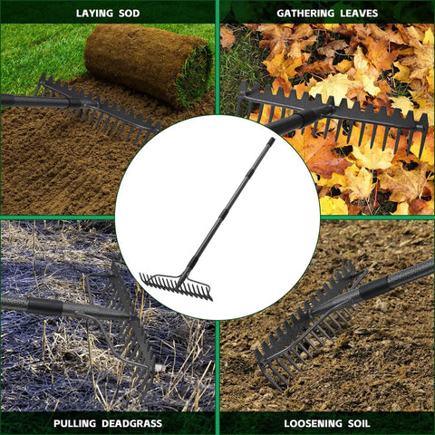 63 Inch Bow Rake With 17 Steel Tines And Stainless Handle shown loosening soil, gathering leaves, laying sod, and pulling deadgrass.