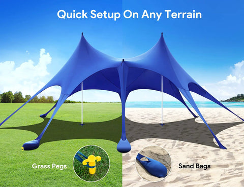 Beach Tent Shade Canopy 20 By 13 Ft UPF50 Plus Sun Shelter set up on grass and sand with pegs and sandbags shown.