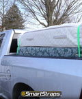 Truck carrying mattress secured with Green 6 Foot Padded Ratchet Straps 1 Inch Wide 2 Pack, 1500 Pound Break Strength, 500 Pound Safe Working Load
