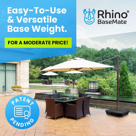 Patio with BaseMate 4 Piece EVA Umbrella Base Weights Up To 200 Lb, supporting a cantilever umbrella over outdoor furniture.