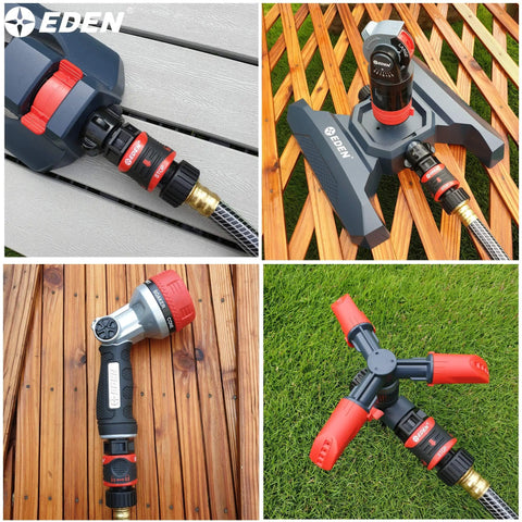 Premium Garden Hose Quick Connect Set With 5-Piece Snap And Lock Fittings, Water Stop, and Secure Twist-Lock Design in use