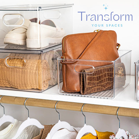 Six Pack Clear Plastic Organizer Bins With Handles For Home Organization Kitchen Pantry Fridge Freezer Cabinets And Garage Storage 10x8x5 Inches Great For Fridges Freezers Cabinets And More displaying clothes and accessories
