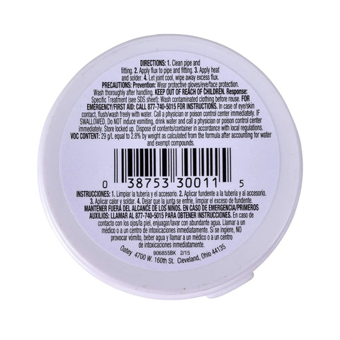 Back label of No 5 Paste Flux For Copper Piping Petrolatum Based Solder Flux Lead Free, showing directions and barcode