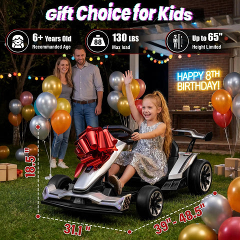 Child sitting on 24V Electric Drift Go Kart With Dual 800W Motors 10Ah Battery 8.2 MPH Top Speed 3 Speed Modes outdoor toy