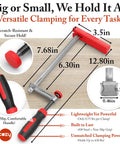 Heavy Duty F Clamps For Woodworking 2 Pack With 630 Lbs Clamping Force Rubber Tips, dimensions and features displayed.