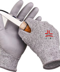 Durable Work Gloves With PU Coated Palm For Men And Women, Cut Resistant EN 388 Level 5 HPPE Liner, holding a knife
