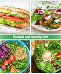 Various dishes garnished with sprouts, including sandwiches, salads, and veggie patties, showcasing a colorful and healthy lifestyle.