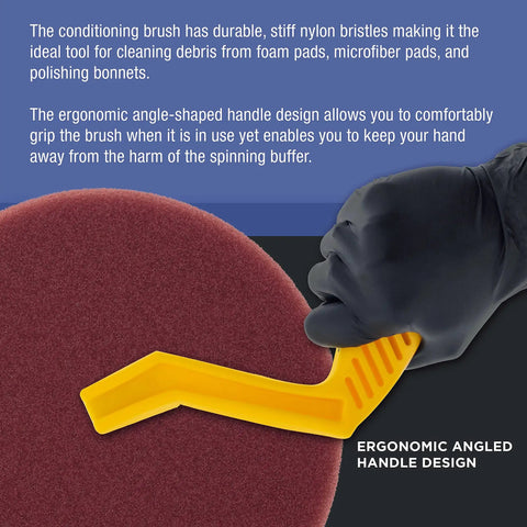 Polishing And Buffing Pad Cleaning Spur Tool And Foam Pad Conditioning Brush For Auto Detailing Pro Grade Detailer Kit To Revitalize Microfiber Bonnets And Pads And Extend The Life Of Compound Polish And Wool Pads. ergonomic angled handle on foam pad brush