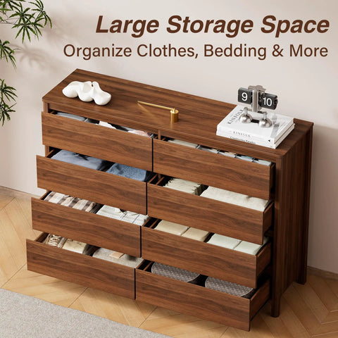 Mid Century Modern Dresser Boasting Eight Spacious Drawers And A Rich Walnut Finish Resting On Robust Wood Legs with clothes organized inside.