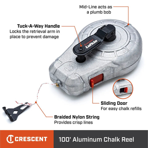 100 Foot Aluminum Chalk Reel With Sliding Chalk Refilling Door, Pro Grade Durability From A Cast Aluminum Body, with Tuck-A-Way Handle and Nylon String