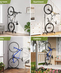 Vertical Bike Stand With Easy Rolling Wheels And Adjustable Height For 29 Inch Wheels displayed in various home settings
