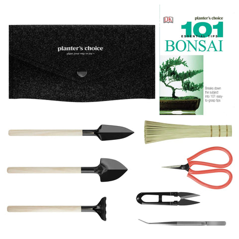 All In One Bonsai Tool Kit With Bonsai 101 Book And Fabric Storage Holder Includes Wooden Rake Long And Wide Spades Scissors Tweezers Bamboo Brush