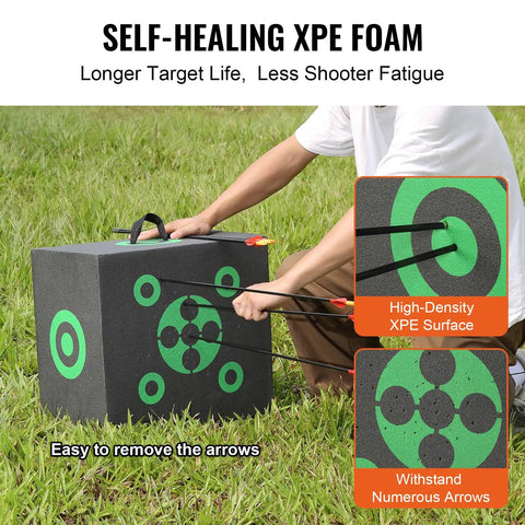Person using All-Side 16x18 Archery Target Block for Outdoor Practice, Portable Bow Target with carry handle on grass