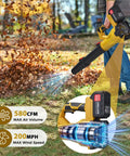 Person using Beast Cordless Leaf Blower With 2.6Ah Battery And Charger, 6 Speed Control, outdoors to clear leaves, yellow