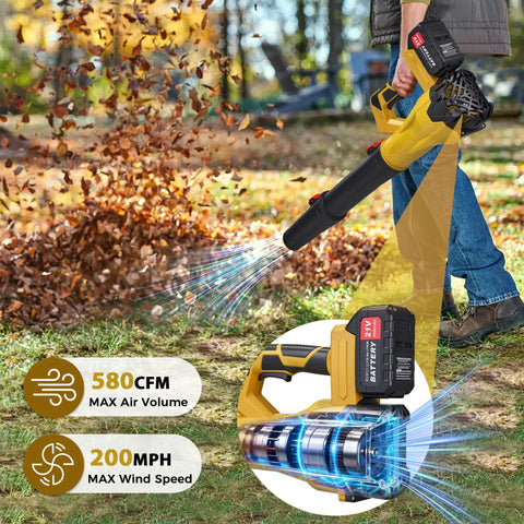 Person using Beast Cordless Leaf Blower With 2.6Ah Battery And Charger, 6 Speed Control, outdoors to clear leaves, yellow
