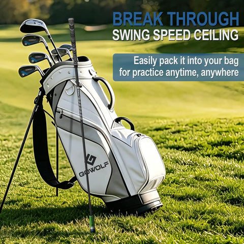 Adjustable Weight Golf Swing Trainer With 35g And 50g Weights next to golf bag on course