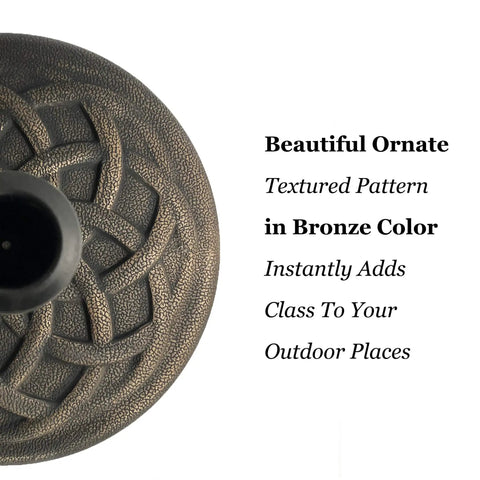 Top view of heavy duty 21 pound bronze umbrella base with 17 inch diameter, featuring ornate textured design for stability.
