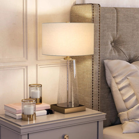 Tall 27 Inch Table Lamp With White Fabric Shade And Seeded Glass Base In Blackened Bronze Finish For Bedroom Nightstand