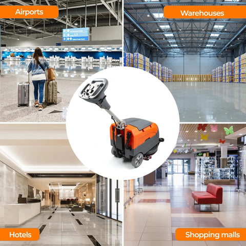 17 Inch Walk Behind Floor Scrubber Machine With 7.9 To 9.2 Gallon Tanks displayed in various commercial settings