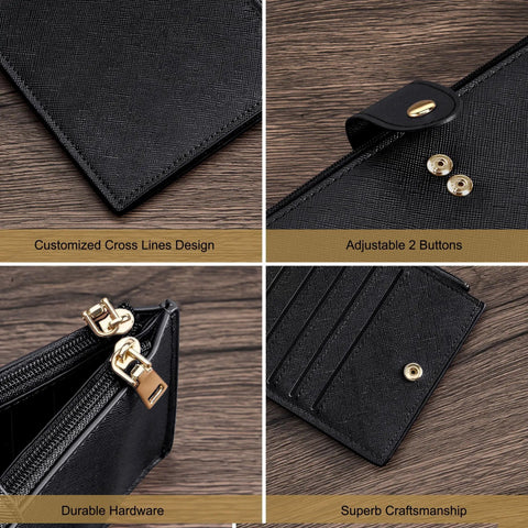 RFID Blocking Wallet For Women Large Capacity Bifold Card Holder with Zipper Pocket showcasing black leather design details
