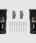 Durable Front Storage Rack Rubber Latch Kit For Polaris Sportsman 500 550 850 1000 2009 To 2024 No Fuss Easy Install Replacement With Stainless Bracket 2 Pc OEM 2877447 Compatible showing two rubber latches, two stainless brackets, and eight rivets.