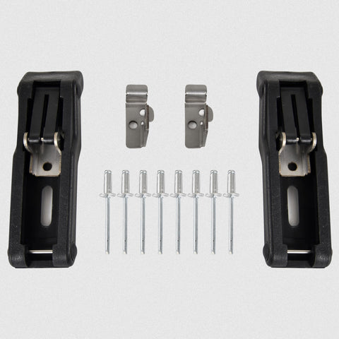 Durable Front Storage Rack Rubber Latch Kit For Polaris Sportsman 500 550 850 1000 2009 To 2024 No Fuss Easy Install Replacement With Stainless Bracket 2 Pc OEM 2877447 Compatible showing two rubber latches, two stainless brackets, and eight rivets.