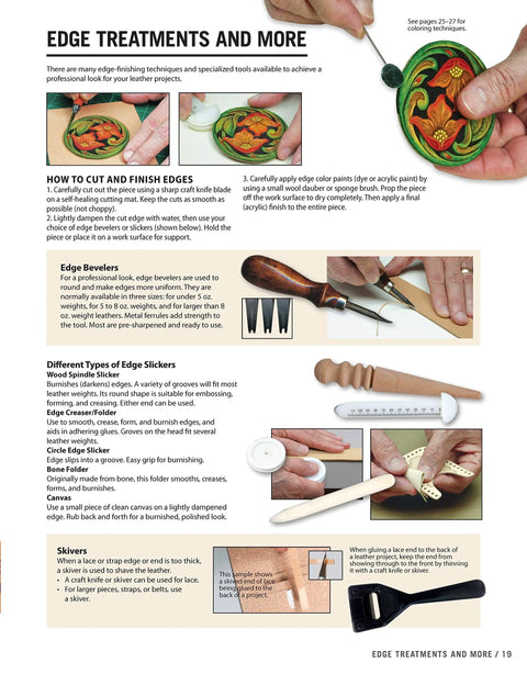 Page from Leather Crafting Starter Guide showcasing edge treatments, including tools and techniques for beginners.