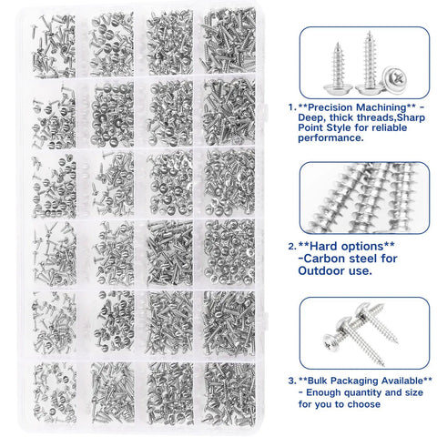 No Nonsense 1200 Pcs Silver Carbon Steel Self Tapping Screw Pack M1.2 To M2.3 Assorted Kit With Built In Washers arranged in a storage case.