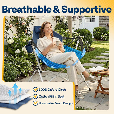 Woman relaxing on Grab And Go Portable Hammock Camping Chair With Adjustable Pillow And Back Height Outdoor Swinging Rocking Seat